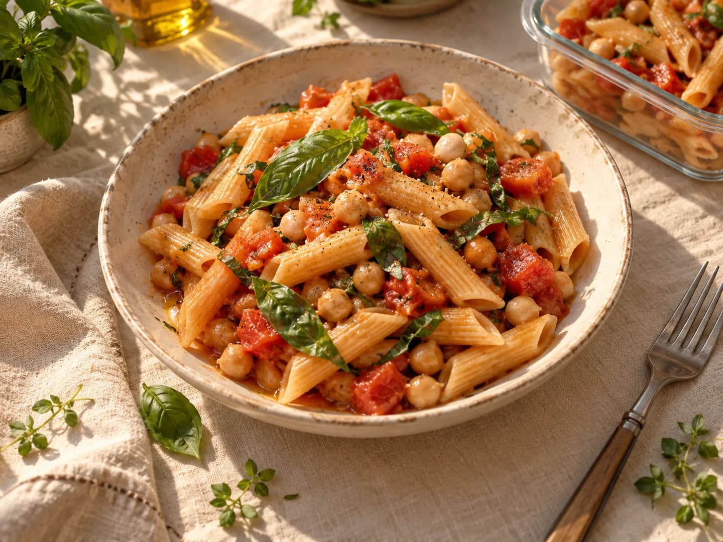 Macarrão com tomate e grão-de-bico à mesa, com uma porção separada em uma marmita.